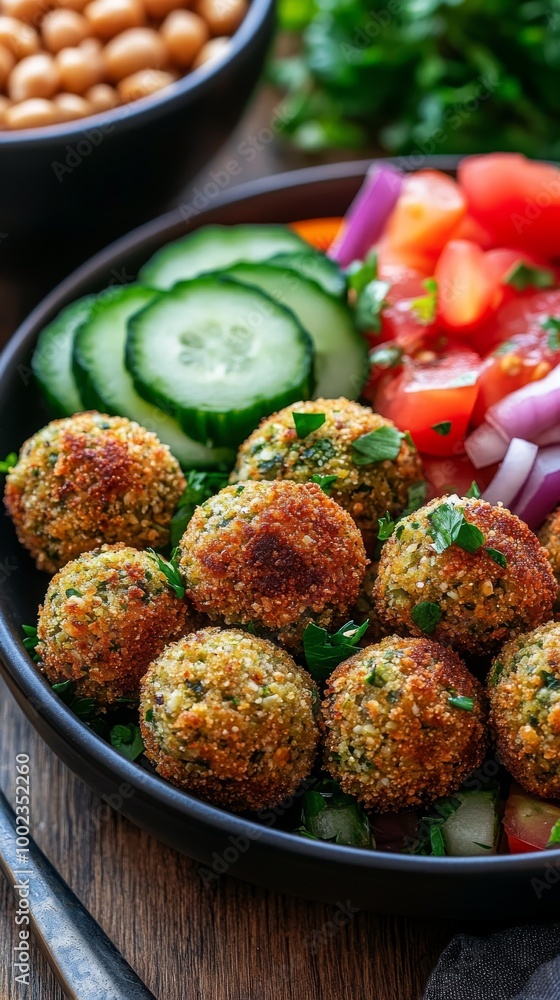 Freshly Prepared Falafel Served With Vegetables on a Rustic Wooden Table in a Bright Kitchen Freshly Prepared Falafel Served With Vegetables on a Rustic Wooden Table in a Bright Kitchen