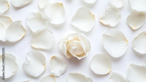  A white flower on a white surface with scattered and bottom-placed petals