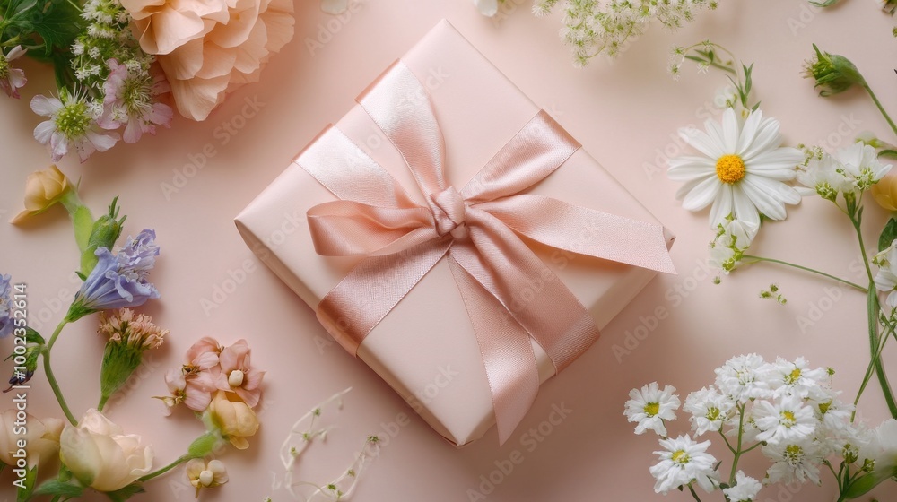 Close-up of a beautifully wrapped gift box with satin ribbon and delicate flowers on pastel background Close-up of a beautifully wrapped gift box with satin ribbon and delicate flowers on pastel background