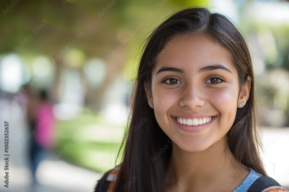 Hispanic Female Student Smiling and Happy. Portrait of Young Woman at University Campus Hispanic Female Student Smiling and Happy. Portrait of Young Woman at University Campus
