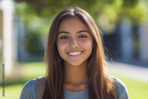 Hispanic Female Student Smiling Portrait. Schoolgirl Standing Outdoors at University Campus