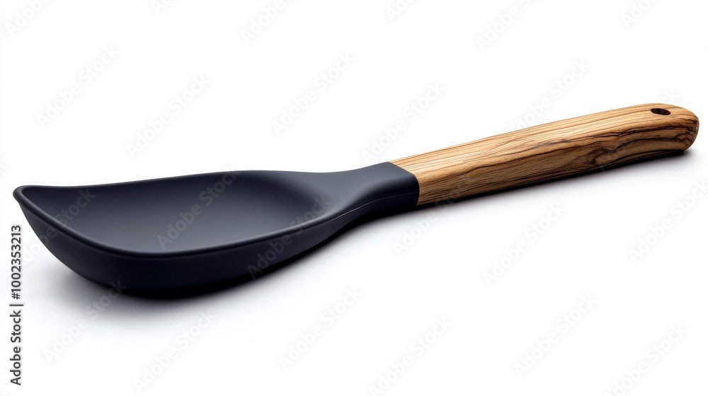 Black Serving Scoop With Wooden Handle on a White Background Showcasing Sleek Design and Functionality Black Serving Scoop With Wooden Handle on a White Background Showcasing Sleek Design and Functionality