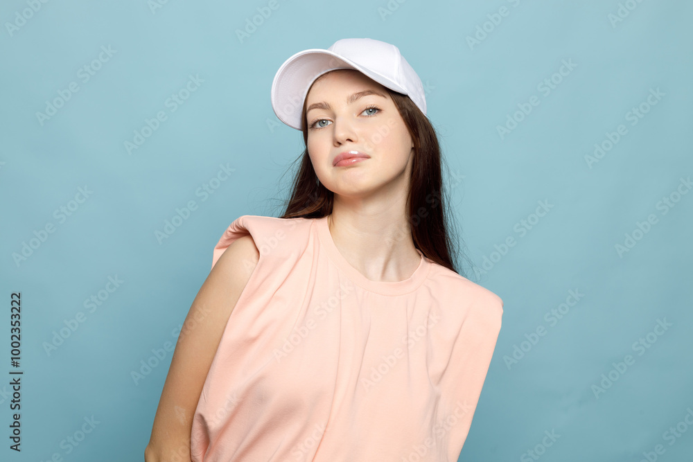 Young woman, teenager posing in studio on blue background, white cap, close-up, copy space Young woman, teenager posing in studio on blue background, white cap, close-up, copy space