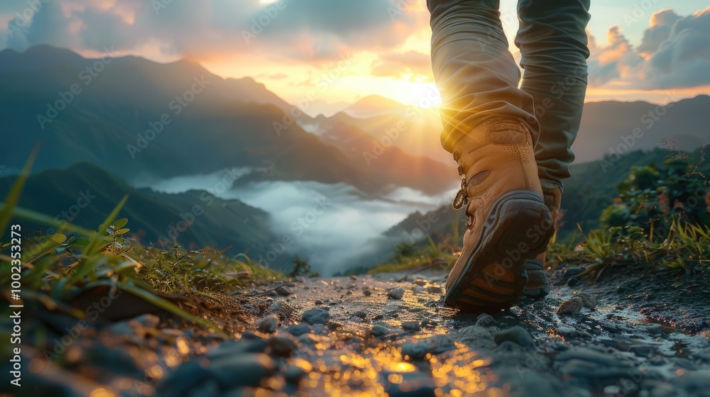 walking feet of a backpacker on the misty morning sunrise view of mountains pass of Fansipan natural road of north Vietnam. walking feet of a backpacker on the misty morning sunrise view of mountains pass of Fansipan natural road of north Vietnam.
