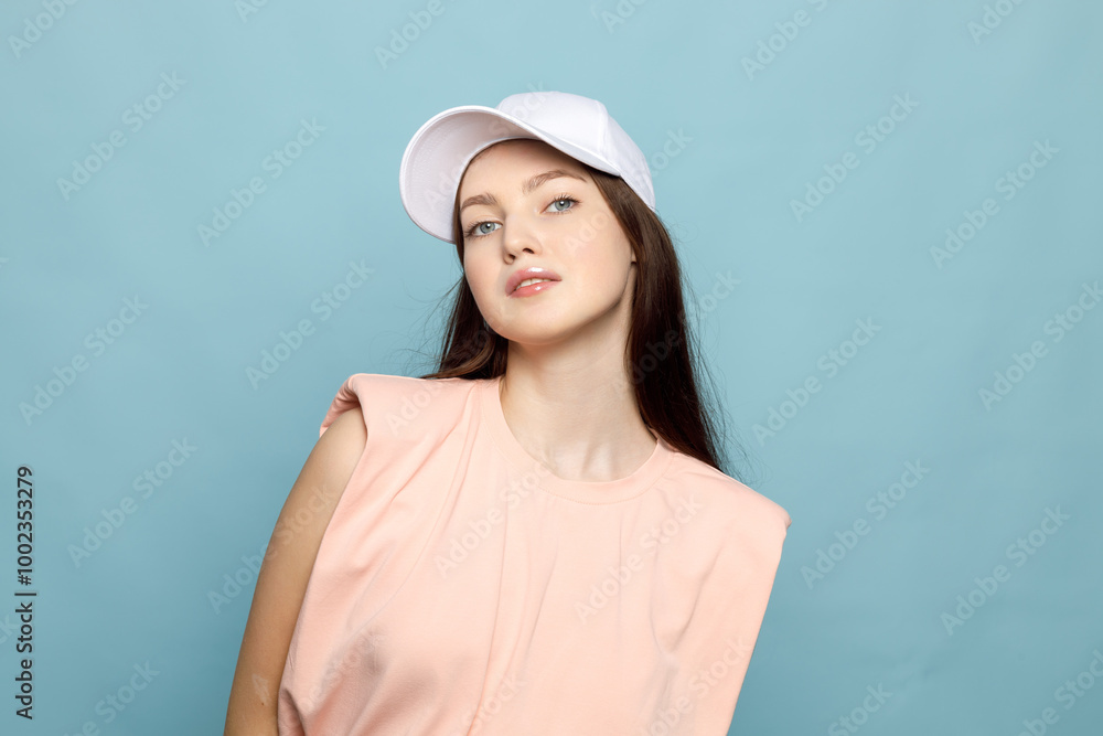Young woman, teenager posing in studio on blue background, white cap, close-up, copy space Young woman, teenager posing in studio on blue background, white cap, close-up, copy space