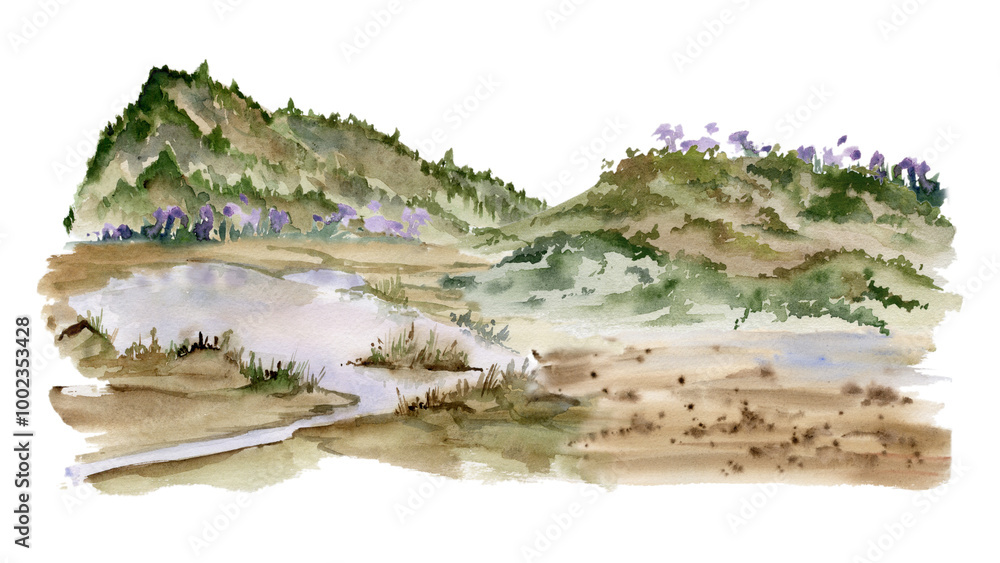 Fototapeta premium Scenery landscape mountain hills cliffs fields grass pasture moorland river lake alpine vista flowers, watercolor hand drawn. Illustration for tourism maps, resort ads, hiking camping sites, vacation.