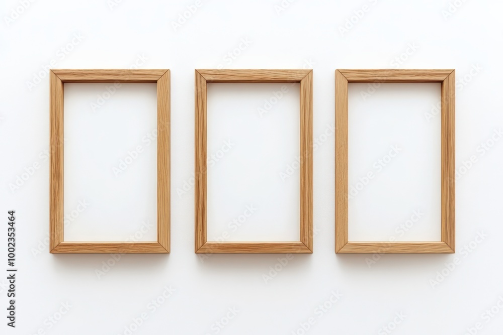 Horizontal Wooden Frame Mock-up on White Wall. Simple and Elegant 3D Illustration Horizontal Wooden Frame Mock-up on White Wall. Simple and Elegant 3D Illustration