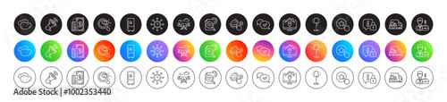 World time, Potato and Refrigerator line icons. Round icon gradient buttons. Pack of Customer satisfaction, Vision test, Work home icon. Businessman case, Approved, Megaphone pictogram. Vector