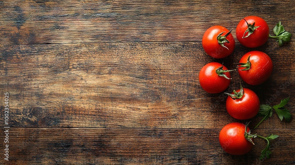 A few tomatoes rest atop a wooden table alongside green foliage A few tomatoes rest atop a wooden table alongside green foliage