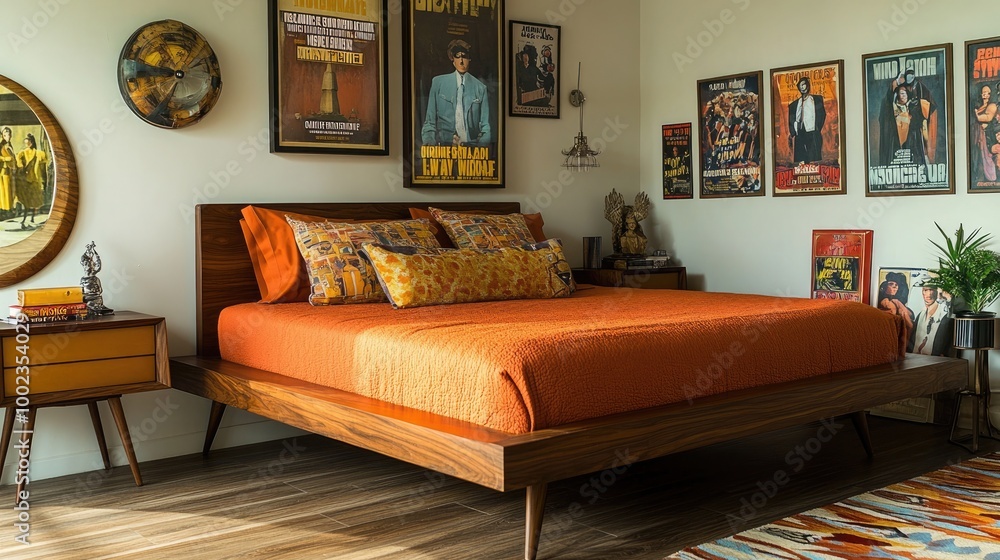 Fototapeta premium A chic retro-inspired bedroom with a walnut platform bed
