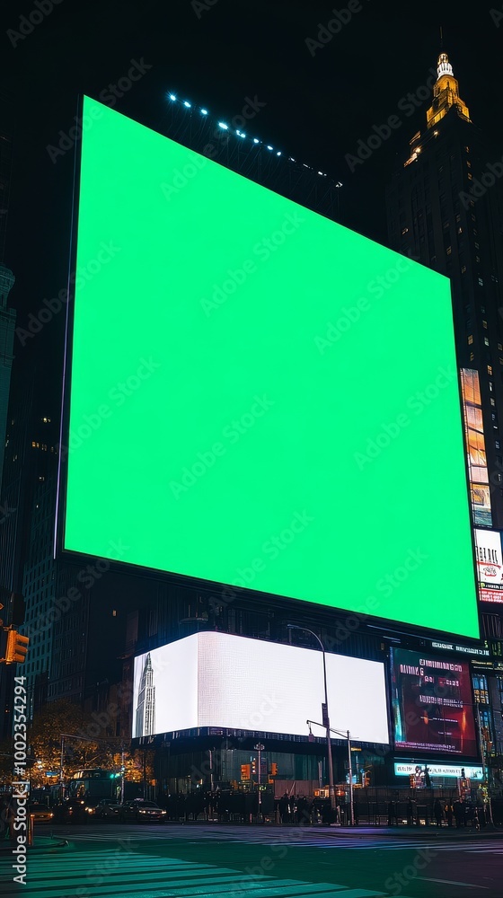Green Billboard in Times Square at Night, Highlighting City Lights and Urban Energy
