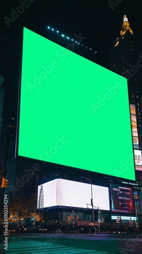 Obraz na płótnie Green Billboard in Times Square at Night, Highlighting City Lights and Urban Energy w salonie