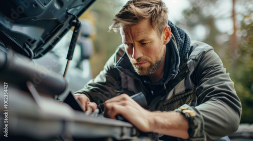 Performing a safety check on a truck engine in a forested area during the daytime