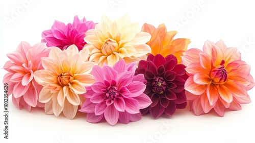 Colorful Arrangement of Blooming Dahlias in Various Shades During a Sunny Afternoon