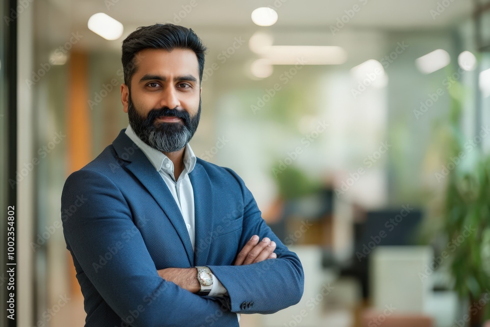 Obraz premium Indian Businessman Portrait. Confident Leader in Modern Office. Successful CEO Manager