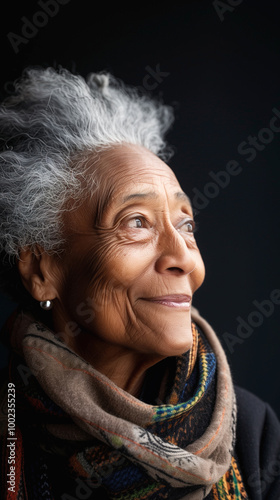 portrait of smiling gray-haired elderly woman on black background