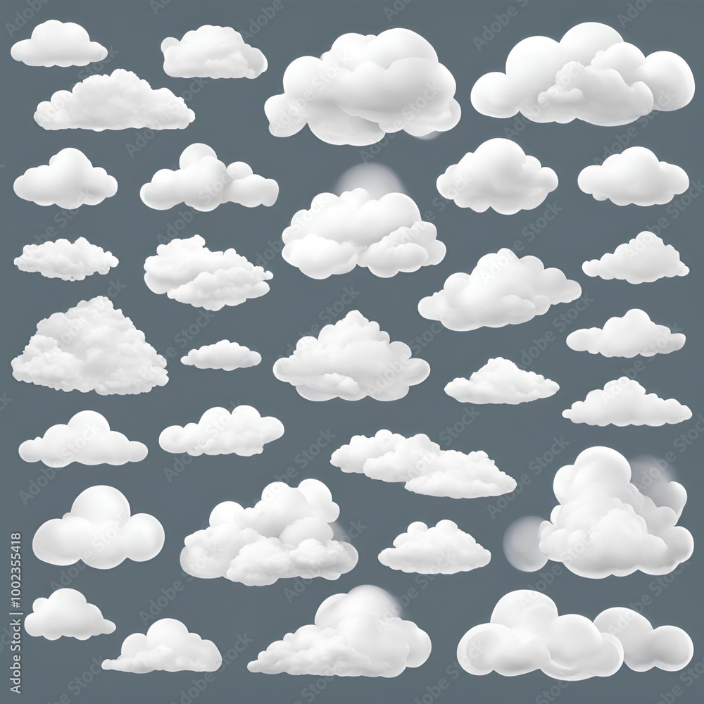 A collection of various fluffy cloud shapes on a dark background, offering a diverse range of cloud formations perfect for nature or weather-themed designs. A collection of various fluffy cloud shapes on a dark background, offering a diverse range of cloud formations perfect for nature or weather-themed designs.