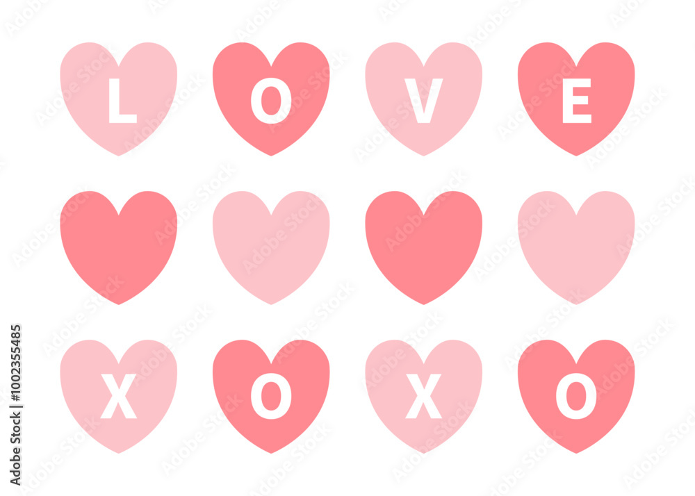 Four red pink heart icon set with text XOXO, LOVE. Happy Valentines Day greeting card, invitation, banner template. Love sticker. Hearts decoration. Romantic icon. Flat design. White background Vector Four red pink heart icon set with text XOXO, LOVE. Happy Valentines Day greeting card, invitation, banner template. Love sticker. Hearts decoration. Romantic icon. Flat design. White background Vector