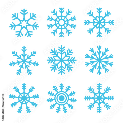 Blue snowflake icon set. Different shape. Snowflakes collection. Cute funny snow flake winter sign symbol template. Childish style. Flat design. White background. Isolated. Vector