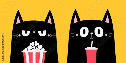 Black cat set. Popcorn, soda glass with straw. Kitten in 3D watching movie. Cinema theater. Cute cartoon character. Film show. Kids sticker print. Childish style. Yellow background. Flat design Vector