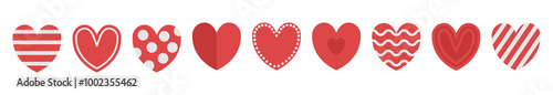 Red heart icon set line banner. Cute polka dot, line pattern. Happy Valentines day. Love sign symbol simple template. Greeting card. Decoration element. Flat design. White background. Vector