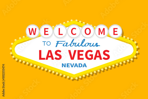 Welcome to fabulous Las Vegas sign icon. Nevada sight showplace. Classic retro symbol. Template for greeting card, banner, sticker print. Flat design. Isolated. Yellow background. Vector