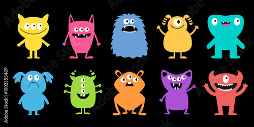 Colorful silhouette monsters. Happy Halloween. Cute kawaii cartoon funny boo character. Monster set line. Different face. Teeth, eyes, horns, hands. Childish style. Flat design Black background Vector