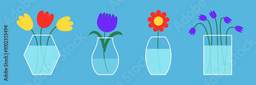 Flower in vase set line. Transparent glass vases with blue water. Different flowers. Daisy, tulip, gerbera, blue bell flower. Cute colorful icon. Ceramic decoration. Blue background Flat design Vector