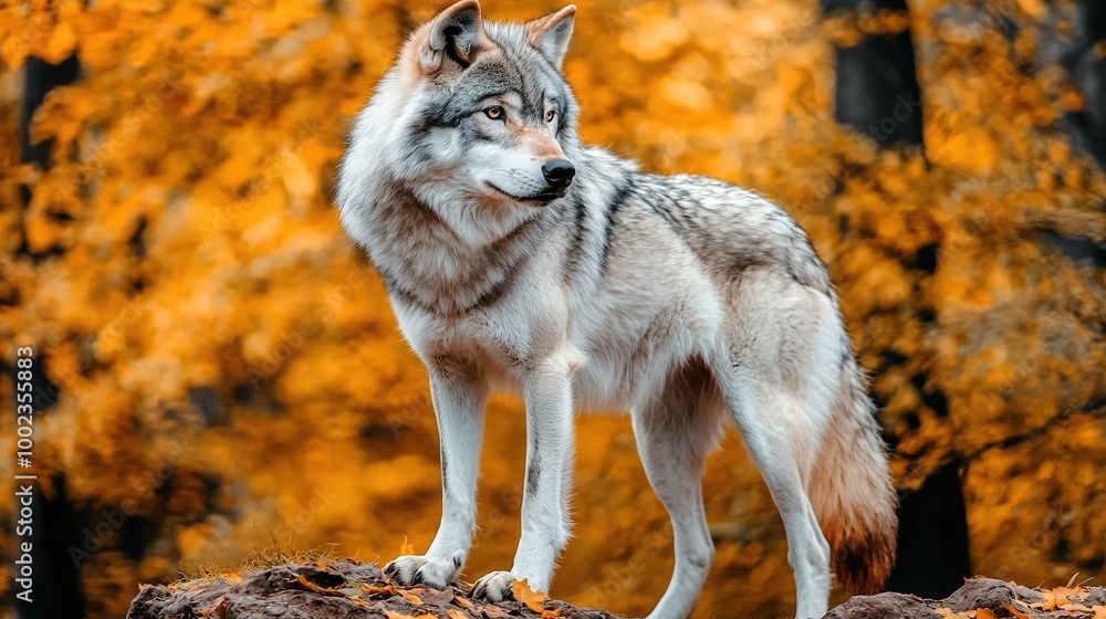 A wolf perched atop a rock, surveying the autumnal forest below, where gold and orange leaves rustled in the wind A wolf perched atop a rock, surveying the autumnal forest below, where gold and orange leaves rustled in the wind