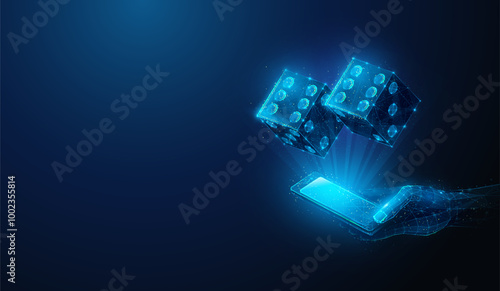 Abstract illustration of smartphone in hand projecting two game dices with six dots in low poly style. Blue geometric background depicting online casino gambling and board game concept by wireframe
