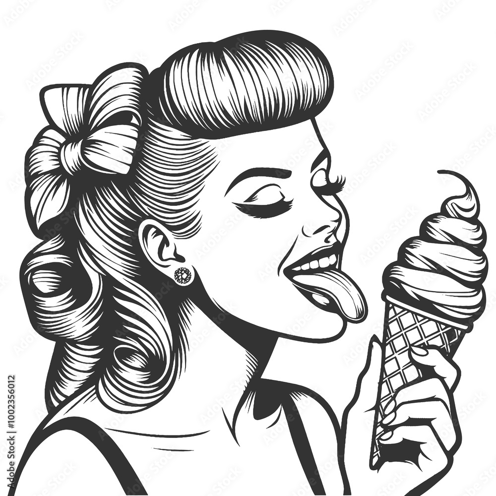 pin-up woman savoring an ice cream cone, retro elegance and playful indulgence sketch engraving generative ai fictional character raster illustration. Scratch board imitation. Black and white image. pin-up woman savoring an ice cream cone, retro elegance and playful indulgence sketch engraving generative ai fictional character raster illustration. Scratch board imitation. Black and white image.