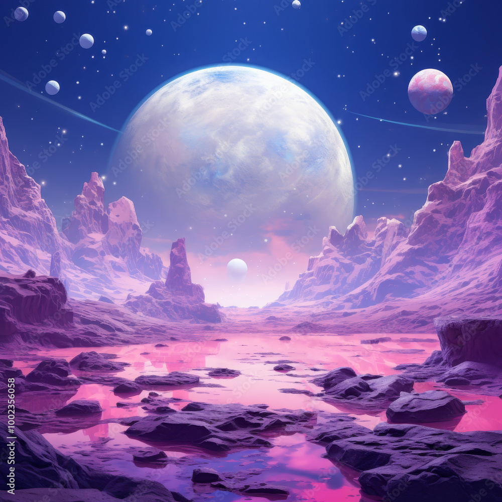 Alien landscape featuring a glowing pink terrain, towering rock formations, and multiple planets in a starry sky, evoking a dreamy, otherworldly atmosphere Alien landscape featuring a glowing pink terrain, towering rock formations, and multiple planets in a starry sky, evoking a dreamy, otherworldly atmosphere