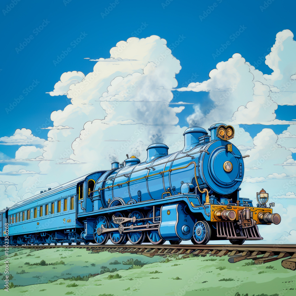 Obraz premium Vibrant illustration of a vintage blue steam train moving through open countryside under a clear blue sky with large clouds, evoking nostalgia and adventure