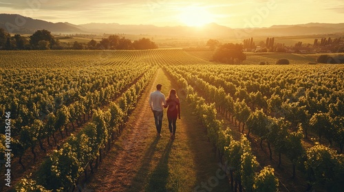 A couple strolls through a vineyard at sunset, enjoying a romantic moment amidst lush grapevines.