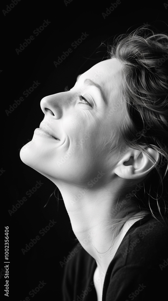 black and white profile portrait of a caucasian smiling woman, isolated on black background black and white profile portrait of a caucasian smiling woman, isolated on black background