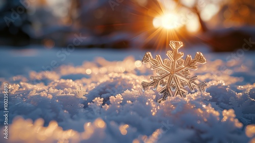 Winter Sunset Illuminates a Delicate Snowflake on a Blanket of Fresh Snow in a Tranquil Landscape