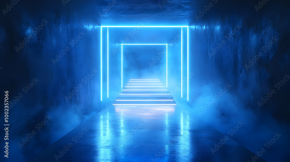 Obraz premium Blue Neon Lights in a Foggy Corridor 3D Illustration