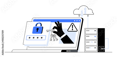Laptop screen with lock, keys, warning sign, and cloud server. Ideal for cybersecurity, data protection, online privacy, cloud storage, IT infrastructure. Color Black, white, blue Minimalist style