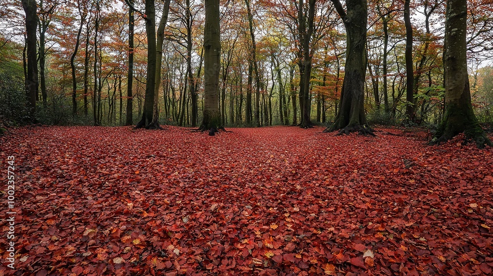 Obraz premium Red-leaf-strewn forest path with tree background