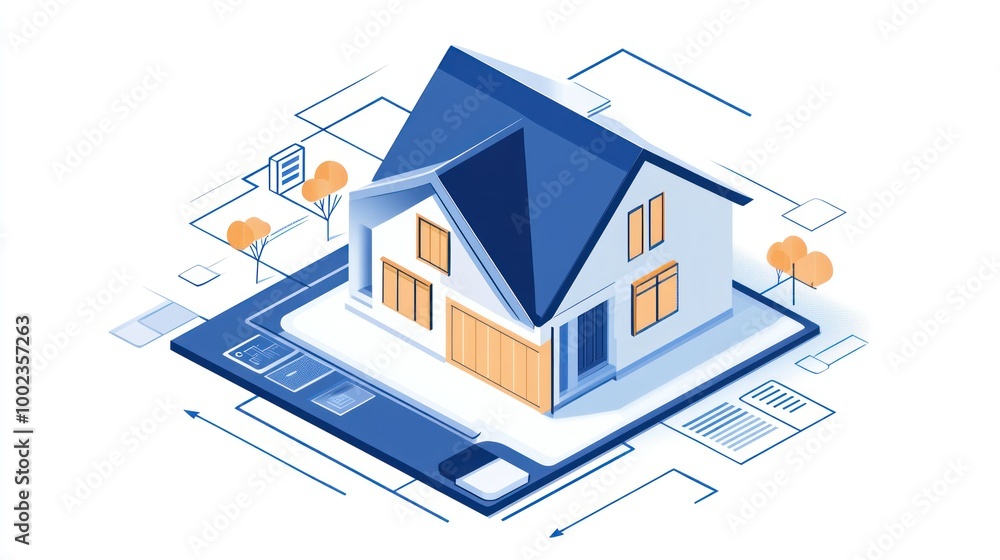 Isometric Illustration of a House on a Digital Blueprint Isometric Illustration of a House on a Digital Blueprint
