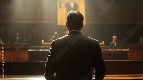 A Man in a Suit Stands in Front of a Dark Hallway