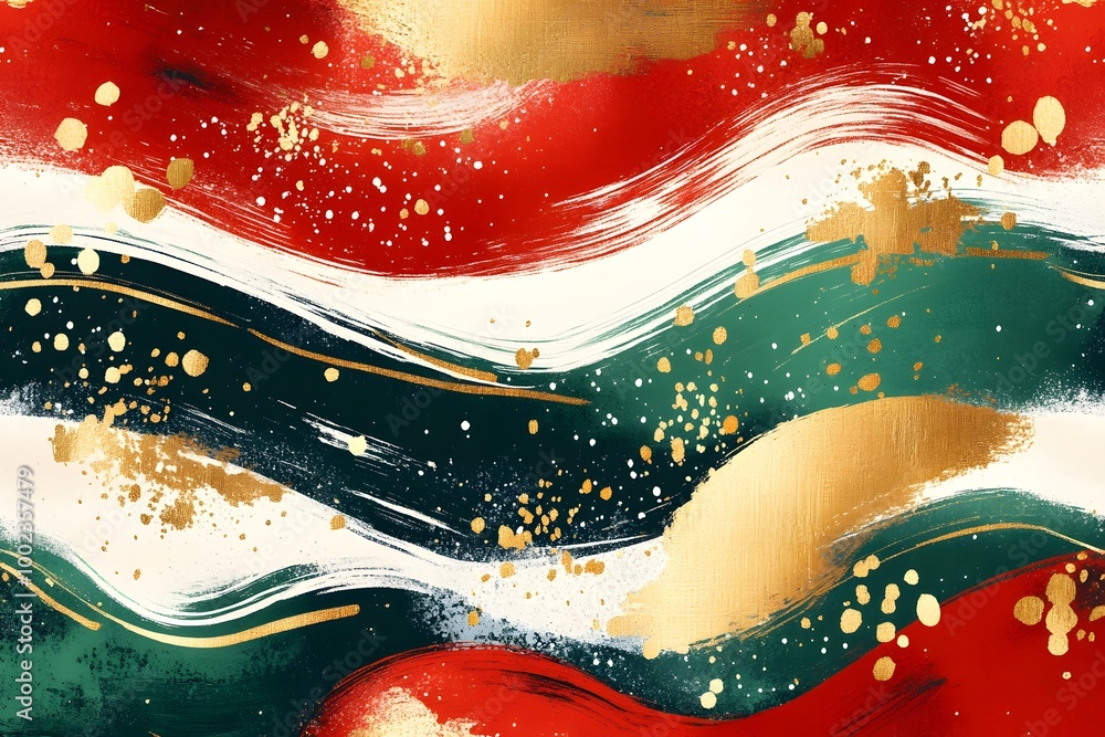 Obraz premium A vibrant abstract design featuring swirling red, green, and gold patterns with a textured feel, perfect for festive or decorative use.