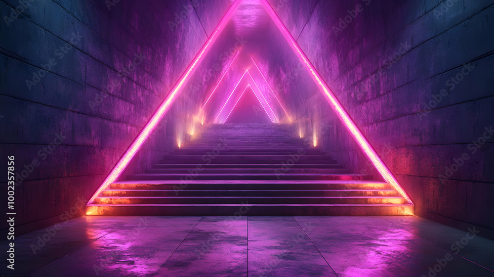 Neon Triangle Lights on Concrete Stairs 3D Illustration Neon Triangle Lights on Concrete Stairs 3D Illustration