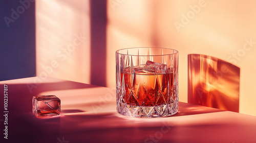 Glass of Whiskey with Ice on Pink Surface