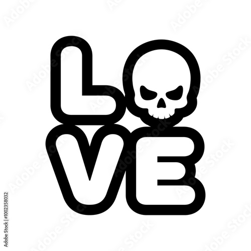 Logo con palabra LOVE con calavera humana en lugar de letra O para felicitaciones y tarjetas de Halloween