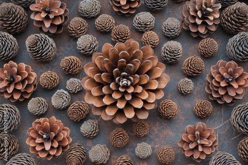 A symmetrical arrangement of pine cones on a rustic surface.