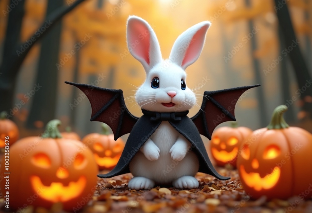 The white rabbit, wearing a black cape with bat wings, stands ...