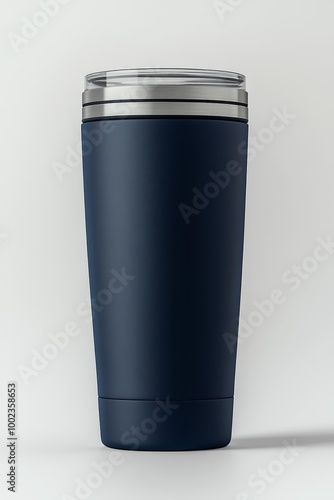 A Sleek Insulated Tumbler in Dark Blue Color With a Transparent Lid Resting on a Neutral Background