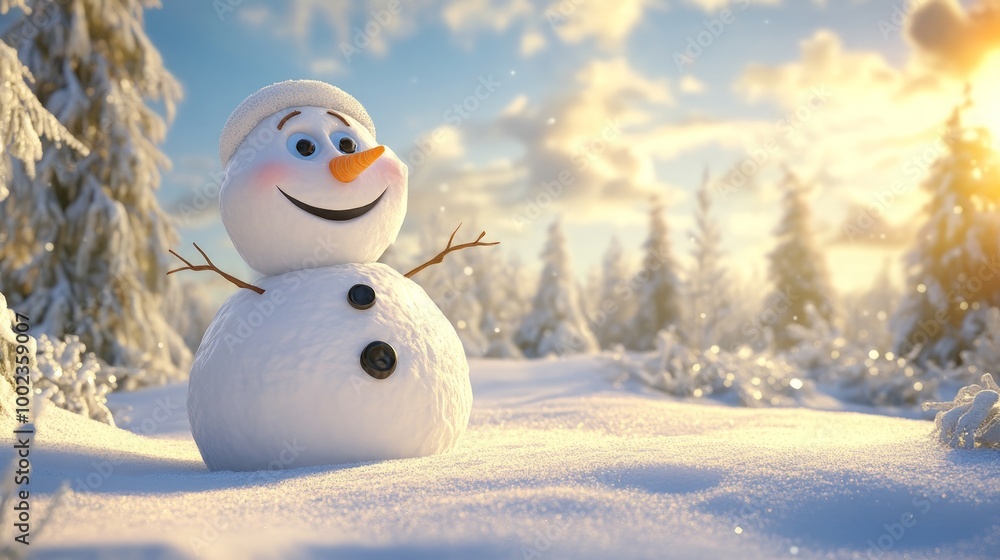 Charming 3D Snowman in a Winter Wonderland, featuring a joyful expression, coal eyes, carrot nose, surrounded by a serene snowy landscape, perfect for festive themes Charming 3D Snowman in a Winter Wonderland, featuring a joyful expression, coal eyes, carrot nose, surrounded by a serene snowy landscape, perfect for festive themes