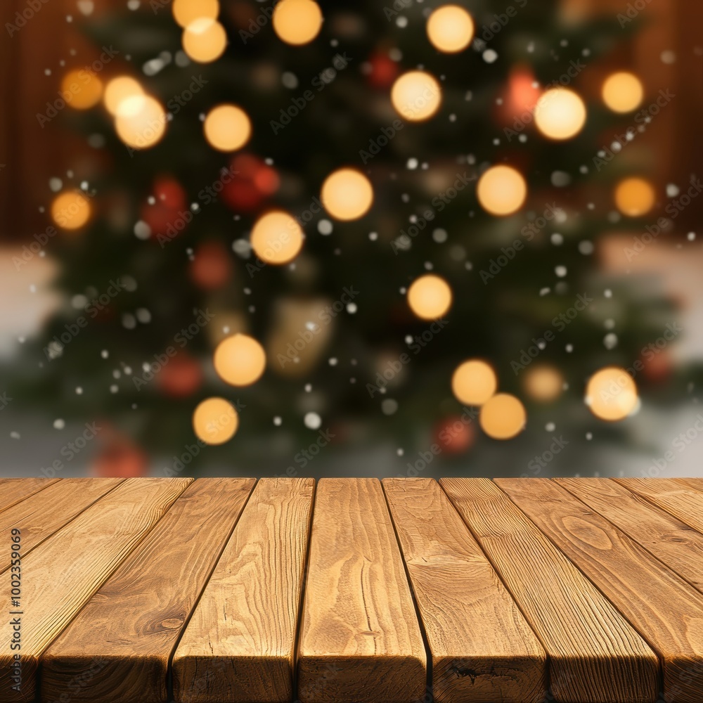 Festive Wooden Deck with Blurred Christmas Background Festive Wooden Deck with Blurred Christmas Background